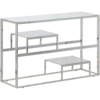 Image of vidaXL Silver Stainless Steel Console Table with Tempered Glass Top Rectangular Sofa for Hallway, Bedroom and Living Room, Modern Design, 90x30x70 cm
