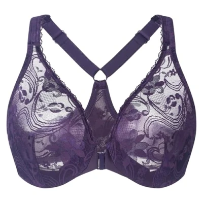Image of MELENECA Women&#039;s Plus Size Racerback Unlined Lace Underwire Front Closure Bra Purple 46G