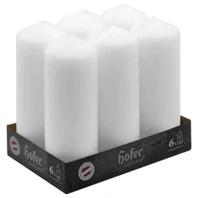 Image of Hofer Tall Pillar Candles Set of 6 Unscented White in Bulk x 16.5 cm 54 Hours Long Burning Decorative Dripless Wax Smokeless Wick RAL Quality Made Austria
