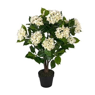 Image of HOMESCAPES Cream Hydrangea Artificial Plant with Black Pot, 85 cm (2.8 ft)