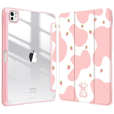 Image of Fintie Hybrid Slim Case for iPad Pro 11 inch M4 (2024) (Model Number: A2836/A2837/A3006) [Built in Pencil Holder] Shockproof Protective Cover with Clear Transparent Back Shell, Strawberry Cow