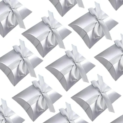 Image of JZK 50x Pillow shape silver party favours box, wedding favors paper small confetti box sweets for 25 years wedding, 25th Anniversary, birthday, Christmas gift