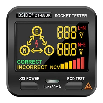Image of BSIDE EBTN LCD Socket Tester 3 Results Display, Integrated Voltage Detector, RCD Receptacle Outlet Circuit Analyzer UK Wall Plug Leakage Electricity Line Fault Checker