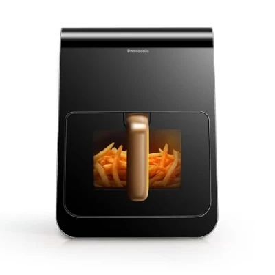 Image of Panasonic NF CC600AXC Air Fryer With Viewing Window, 6L, 80 200C, Digital Timer &amp; LCD, Gentle Steam, 11 Presets, Easy Clean, Black/Dark Blue Rose Gold Handle