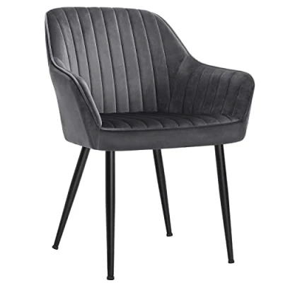 Image of SONGMICS Dining Chair, Kitchen Velvet Armchair, Upholstered with Armrests, Max. Load 120 kg, Metal Legs, for Room, Lounge, Grey and Ink Black LDC087G81