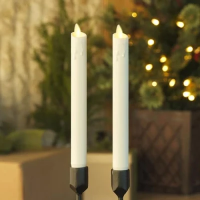Image of Luminara White Set of 2 Wax Drip Flameless Candle Tapers (1 x 9.5 inch), Moving Flame LED Unscented Real with Dripped Top Timer Function, Table, Mantel, Holiday Decoration
