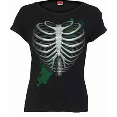 Image of Spiral Heart Ribs Glow in The Dark Boatneck Cap Sleeve Top Black XL