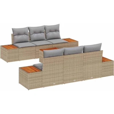 Image of vidaXL 7 Piece Garden Sofa Set with Cushions Beige Poly Rattan Acacia