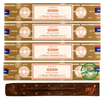 Image of Original Satya Nag Champa Oodh incense sticks with M&amp;J holder x4 pack for Aromatherapy, Spa, Yoga, Weddings, Meditation, Healing, Positivity and Relaxation