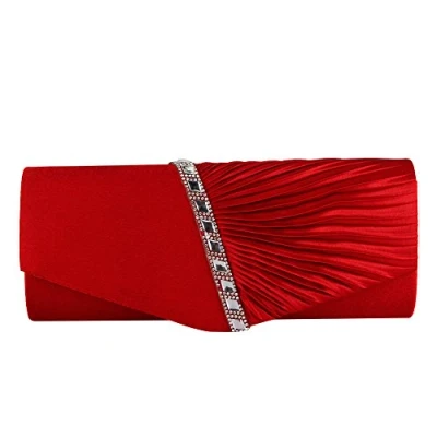 Image of ele ELEOPTION Womens Pleated Satin Diamante Ladies Envelope Handbag Wedding Bridal Prom Clutch Bag Evening Party Purse Chain (Red)