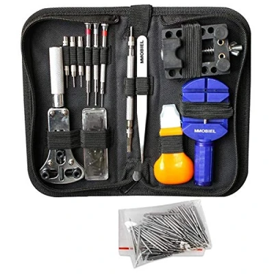 Image of MMOBIEL 144 PCS Professional Watchmaker Tool Kit Incl Watch Spring Pin Bars and Back Case Opener Screw Wrench for Inserting Batteries in Nylon Bag