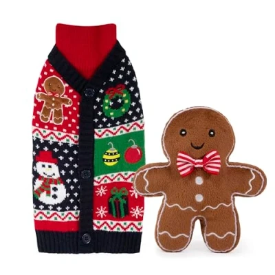 Image of Cupid &amp; Comet Gingerbread Christmas Dog Gift Pack with Jumper, Toy Treats (Small 43cm)
