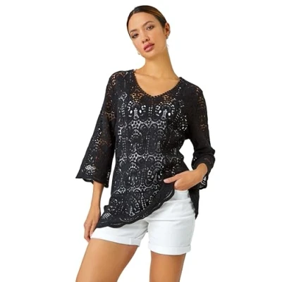 Image of Roman Cotton Crochet Tunic for Women UK Ladies Lace Top Blouse Crinkle Embroidered Eyelet Broderie Anglaise Spring Summer Beach Holiday Cool Loose Jumper Cover Up Black Size 12
