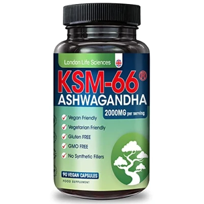 Image of London Life Sciences® Organic Vegan Ashwagandha KSM 66® 90 Capsules (Highest Concentration) 2000mg Servings &amp; 5% Withanolides Best Bioavailability Enhanced 66 + Withania Somnifera