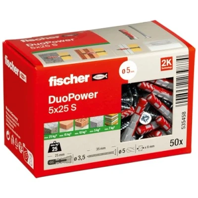 Image of Fischer DuoPower 5 x 25 S, Powerful Universal Plug with Safety Screw, Intelligent 2 Component Technology for fastenings in Concrete, Bricks, Stone, Gypsum plasterboard, etc., 50 Plugs &amp; Screws