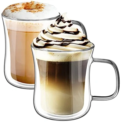 Image of KAMEUN Double Walled Coffee Cups 350ML, Set of 2 Latte Glasses with Handle, Handmade Insulated Borosilicate Glass, Dishwasher Safe &amp; Heat Resistant, Ideal for Clear Mug Hot and Cold Drinks