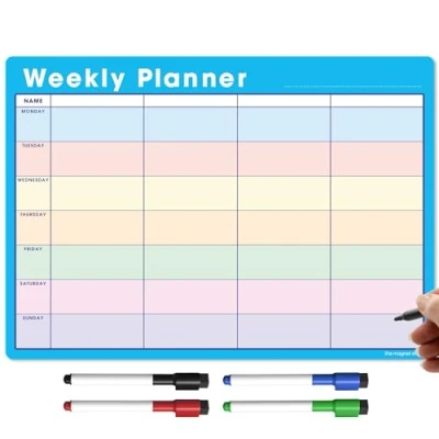 Image of TMS A3 Magnetic Weekly Planner and Organiser Fully Customisable Whiteboard for Family or Business Tasks Meal Planning With 4 Free Dry Wipe Pen (Blue Multi Coloured, A3)