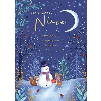Image of Paperlink Artistic Female Relation Christmas Greeting Card Niece Snowman, Squirrel &amp; Rabbit From The Woodland Wonders Range With A Gold Foil Finish, Multicoloured, 127 x 178mm
