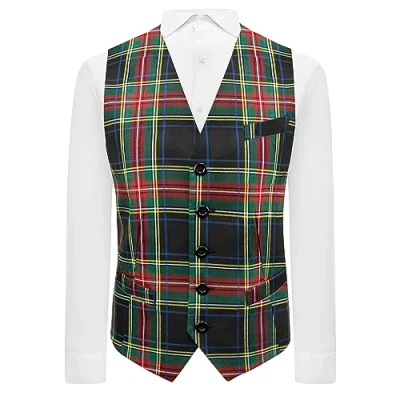 Image of King &amp; Priory Traditional Dark Green Tartan Check Waistcoat, Scottish, Stewart (M)