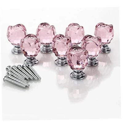 Image of Ruluti 8pcs Pink Rose Crystal Glass Door Knobs Cupboard Cabinet Handle Drawer Pull with Screw