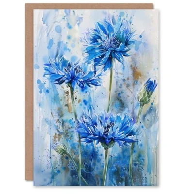 Image of Artery8 Cornflowers Blue Flower Watercolour Painting Greeting Birthday Card Him Her All Blank