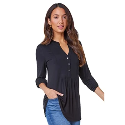 Image of Roman Womens V Neck Button Detail Tunic Top Black Size 18 UK