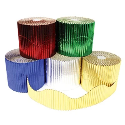 Image of Bright Ideas Corrugated Border Rolls for School Displays 5 Pack, Paper, Metallic, Gold, Silver, Red, Green, Blue, x 10cm 5m Wavy
