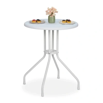 Image of Relaxdays Garden Table, HWD: 73 x 60 cm, Rattan Look, Plastic &amp; Steel, Outdoor Dining, Round, for Balcony, White