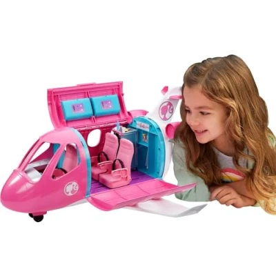 Image of Barbie DreamPlane, Pink Dreamplane Playset with Toy Puppy, Snack Cart, 15 Airplane Accessories and Doll Accessories, Toys for Ages 3 Up, One Airplane, GDG76