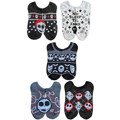 Image of Disney Women&#039;s Nightmare Before Christmas 5 Pack No Show Socks Casual, Black Red Multi, 8 10 Fits Shoe Size 2 8.5 UK