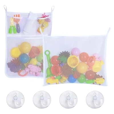 Image of TRKETK 2 Pcs Bath Toy Net, Holder Mesh Storage Kids Tidy Bag with Suction Cups Bathroom Net Quick Drying Bathtub Basket (White)