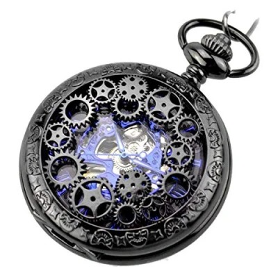 Image of JewelryWe Vintage Half Hunter Black Hollow Gear Wheel Skeleton Hand Wind Mechanical FOB Pocket Watch with Chain