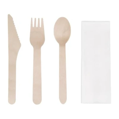 Image of Fiesta Green Compostable Wooden Takeaway Cutlery Meal Pack (Pack of 250), Brown Each Contains: 1x Fork, Knife, Spoon &amp; Napkin, Betula Wood, Plastic Free, DF422
