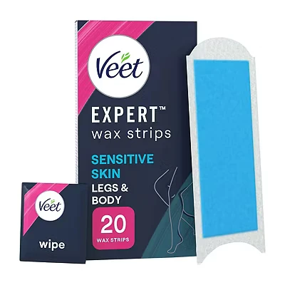 Image of Veet Expert Cold Wax Strips, Hair Removal, Legs &amp; Body, Sensitive Skin, 20 Strips each, 2 Finish Wipes