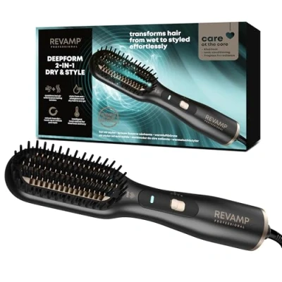 Image of REVAMP Deepform Hair Straightener Brush, Ceramic Heated Brush Styler 2 in 1 Dry &amp; Style, Hot Air for use on Wet Hair, Smoothing Salon Professional Shine Oils