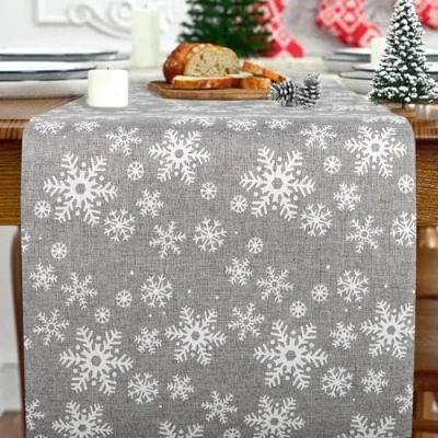 Image of 11 x 108 Inches Xmas Table Runners White Snowflake Runner Christmas Dinner Decorations for Seasonal Winter Kitchen Holiday Party（Grey）
