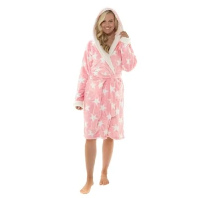 Image of Womens Ladies Dressing Gown Star Printed Fleece Super Soft Plush Hooded Robe (Pink, 12 14)