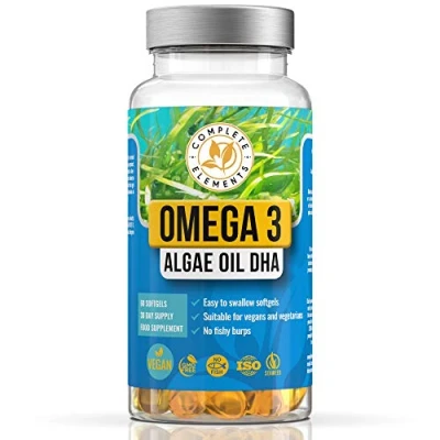 Image of Vegan Omega 3 Algae Oil Sustainable Algal Alternative to Fish 60 High Strength Capsules 400mg DHA Supplement with Vitamin E Vegetarian Essential Fatty Acids UK Small Family Company