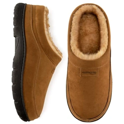 Image of HomeTop Men&#039;s Moccasin Slippers Soft Warm Non slip Memory Foam Indoor House Shoes with Fluffy Lining Chestnut, 10 11 UK