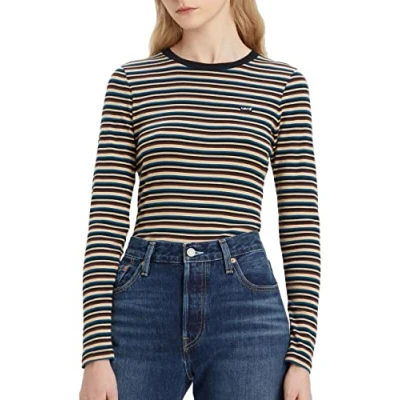 Image of Levi&#039;s Women&#039;s Long Sleeve Baby Tee T Shirt, Reanna Stripe Caviar, XXS