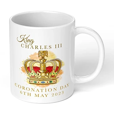 Image of Print Maniacs Kings Coronation Mug 2023 Official Crown 11oz King Charles III Commemorative Souvenir Gift His Majesty The Royal Memorabilia Gifts (White)