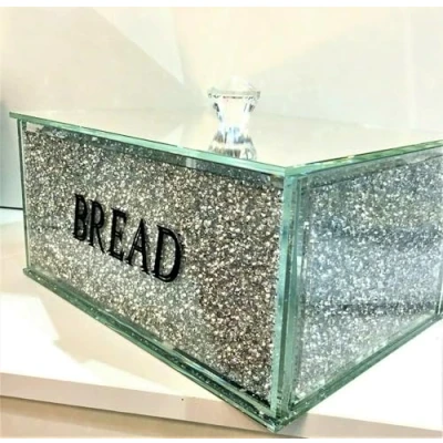 Image of XXL Silver Crushed Diamond Crystal Mirrored Bread Bin, 25 cm
