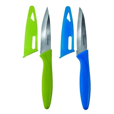 Image of CULINARE C33005 2 Piece Knife Set, Green/Blue, Stainless Steel, 9cm Ultra Sharp Blades, x Kitchen Knives with Protection Covers, Smooth Cutting/Firm Grip/Non Slip Handle, Dishwasher Safe