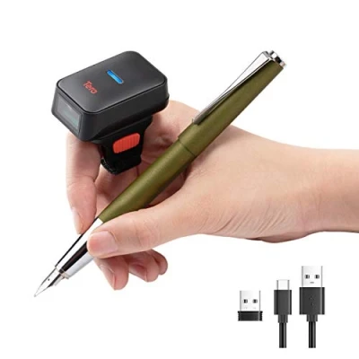 Image of Tera Mini Barcodescanner CCD 1D Wireless Bluetooth + 2,4GHz Drahtlos USB Wired Kabelgebunden, Tragbarer Ringscanner am Finger Barcodeleser Bildschirmscannen, HW0011