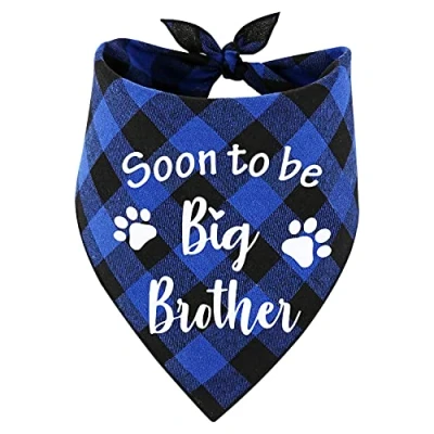 Image of MaySunset Soon to Be Big Brother Blue Plaid Dog Bandanas, Gender Revealing Scarf Photo Prop, Lover&#039;s Owner Gift