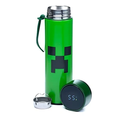 Image of Puckator Minecraft Stainless Steel Water Bottle with Led Temperature Display Cold for 24h and Hot 6h Metal Bottles Creeper Modern Thermos Flask Bpa Free 450 ml