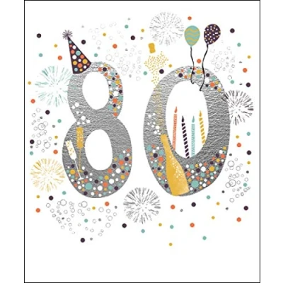 Image of Male/Female 80th Birthday Card from Woodmansterne Age 80 Fireworks &amp; Champagne Foil Finish