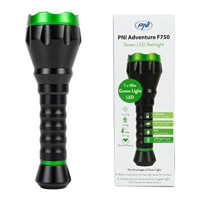 Image of PNI Adventure F750 Green Light Aluminum Flashlight, LED 10W, 500 lm, up to 850 m, IP44, 4000mAh Battery Included, Charging via USB Type C, Perfect for Hunting