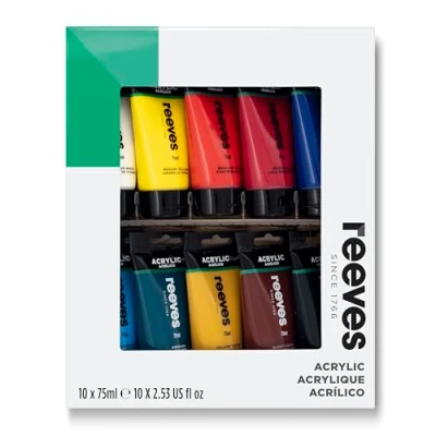 Image of Reeves Acrylic Paint Set 10 x 75ml Vibrant Primary Colour Tubes Art Supplies for Adults Suitable beginners, leisure and recreational users Multiple Surfaces