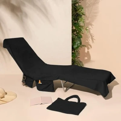 Image of Brentfords Sunbed Towels with Pockets, Black Beach Towel Sun Lounger Accessories Summer Holiday Swimming Poolside Essentials Quick Dry Bag, 215cm x 75cm